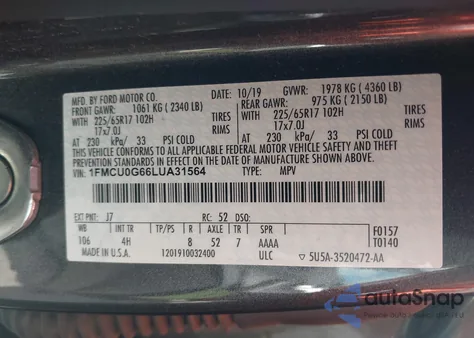 2020 Ford Escape Se из США, поврежденный, VIN 1FMCU0G66LUA31564